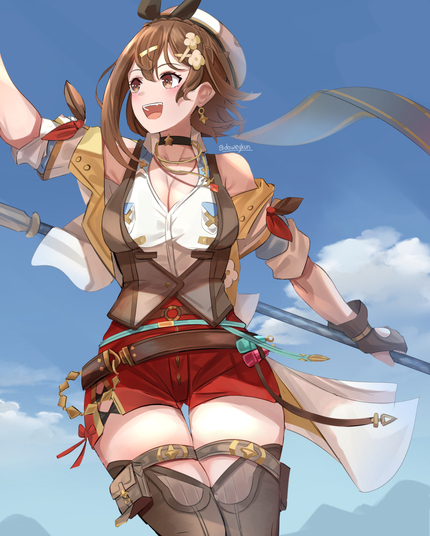 1girl absurdres artist_name atelier_(series) atelier_ryza atelier_ryza_3 belt beret braid breast_pocket breasts brown_belt brown_eyes brown_gloves brown_hair brown_thighhighs brown_vest choker cleavage clover_hair_ornament collarbone collared_shirt crown_braid daweykun earrings floating_earrings gloves gluteal_fold hair_ornament hat highres jewelry large_breasts leather leather_belt leather_gloves necklace pocket red_shorts reisalin_stout shirt short_hair short_shorts shorts single_earring single_glove sleeveless sleeveless_shirt solo star_(symbol) star_choker star_earrings star_necklace teeth thighhighs upper_teeth_only vest x_hair_ornament