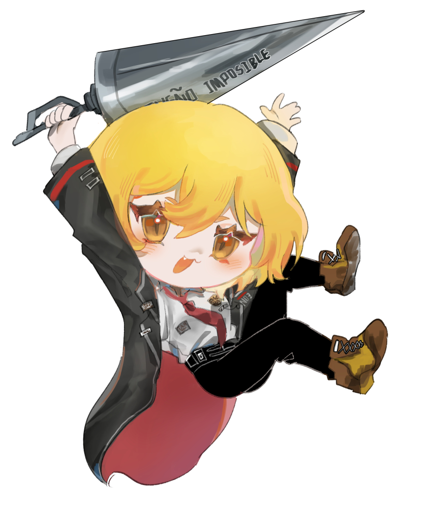 1girl absurdres arms_up black_coat black_pants blonde_hair boots brown_boots chibi coat collared_shirt don_quixote_(project_moon) full_body highres holding holding_polearm holding_weapon lance limbus_company long_sleeves looking_at_viewer mesoold necktie pants polearm project_moon red_necktie shirt short_hair simple_background solo weapon white_background white_shirt yellow_eyes