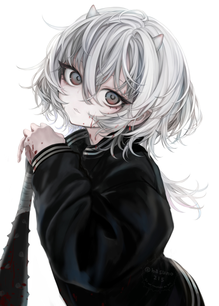 1girl black_jacket blood blood_on_face blood_on_hands club club_(weapon) commentary_request grey_eyes grey_hair hair_between_eyes hasunokaeru highres horns jacket kanabou long_hair long_sleeves looking_at_viewer oni open_clothes open_jacket original puffy_long_sleeves puffy_sleeves simple_background solo twitter_username upper_body weapon white_background