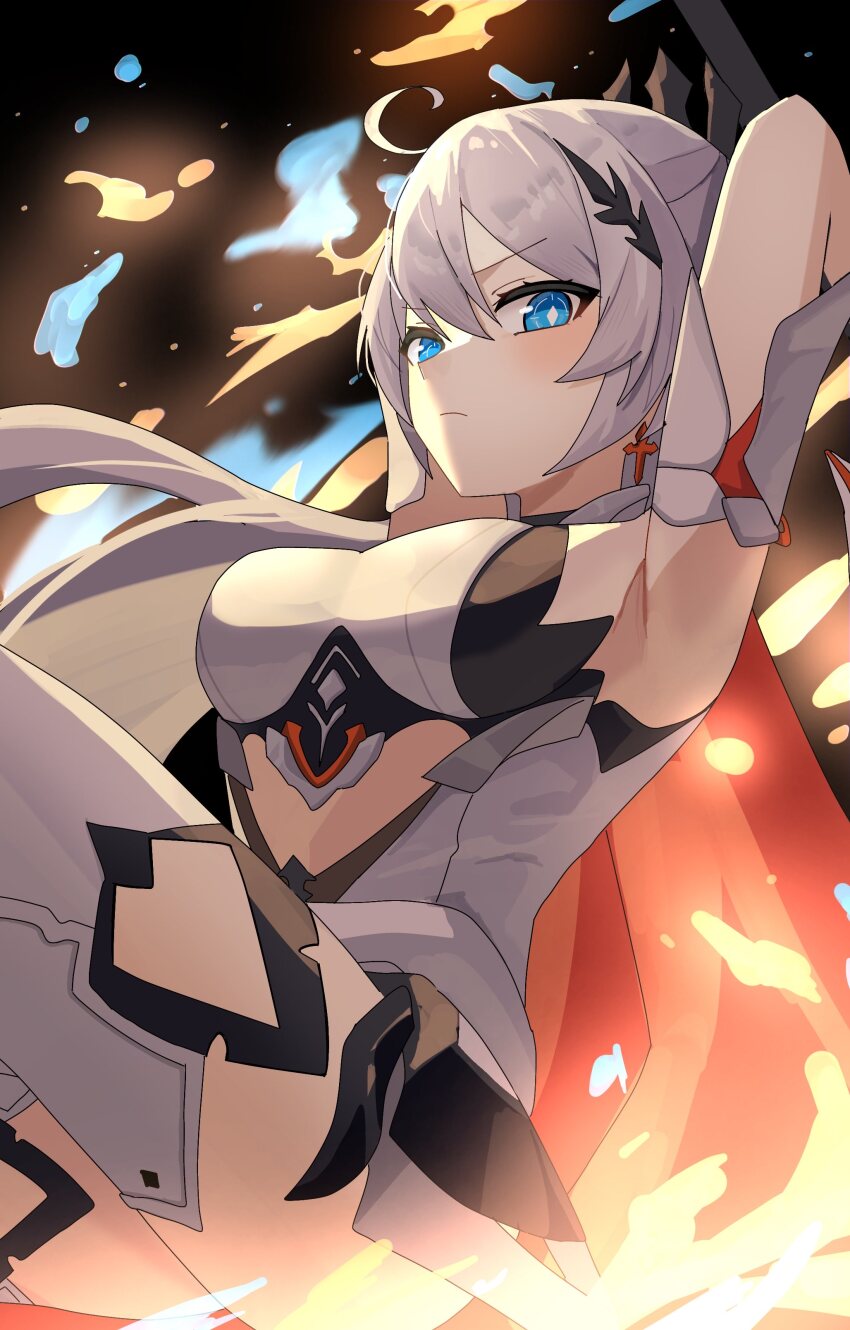 1girl absurdres ahoge arms_up blue_eyes breasts bright_pupils cape closed_mouth commentary cross cross_earrings cutout_above_navel diamond-shaped_pupils diamond_(shape) earrings h2o_omizu hair_between_eyes highres honkai_(series) honkai_impact_3rd jewelry kiana_kaslana kiana_kaslana_(herrscher_of_flamescion) long_hair looking_at_viewer ponytail red_cape solo symbol-shaped_pupils thighhighs white_hair white_pupils white_thighhighs