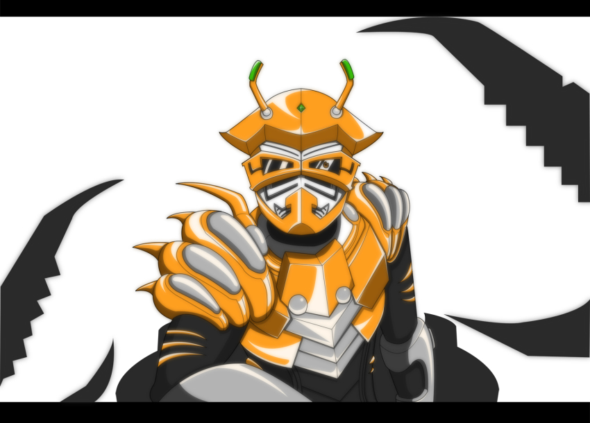 1boy bad_id bad_pixiv_id claws highres kamen_rider kamen_rider_ryuki_(series) kamen_rider_scissors letterboxed mahou_shoujo_madoka_magica mahou_shoujo_madoka_magica_(anime) male_focus mami_mogu_mogu parody solo spoilers tendou_wataru volcancer wataru_(asakulanemu)