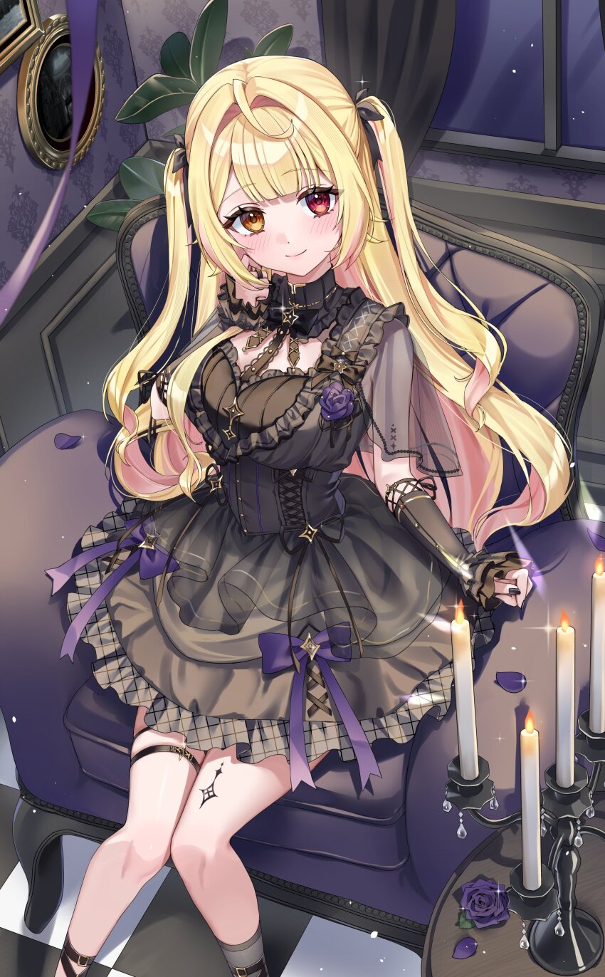 1girl absurdres black_dress black_nails black_sleeves blonde_hair blush breasts candle candlestand checkered_floor closed_mouth colored_inner_hair commentary couch curtains detached_sleeves dress feet_out_of_frame fingernails flower frilled_dress frills hand_up heterochromia highres hoshikawa_sara hoshikawa_sara_(9th_costume) indoors large_breasts long_hair long_sleeves looking_at_viewer multicolored_hair nail_polish night nijisanji painting_(object) pink_hair purple_flower red_eyes sitting smile solo thigh_strap tsukimori_mochi two_side_up very_long_hair virtual_youtuber yellow_eyes