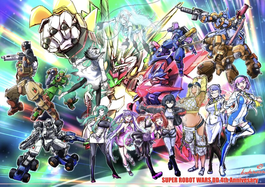 1boy 6+girls :3 ahoge anniversary artist_name assault_visor benet_corryvrekan bent_over black_hair black_jacket black_pantyhose black_shirt black_skirt boots breasts chaps cleavage clenched_hand clenched_hands corset cropped_shirt daimon_meguru detached_sleeves didalion_zam dido_(super_robot_wars_dd) dress dual_wielding eunice_airy everyone floating floating_hair grafdin green_hair grey_pants grey_shirt gun hair_behind_ear hair_tubes halter_dress halterneck haza_(srw) high-waist_skirt high_heels highres holding holding_gun holding_sword holding_weapon hologram huge_breasts jacket kanmaki_sakimi koutari_maiko large_breasts long_hair looking_at_viewer mecha medium_breasts medium_hair merafdin multiple_girls one_eye_closed open_mouth pants pantyhose pencil_skirt pink_eyes pink_hair pink_shoes purple_dress purple_eyes red_hair rinalia_kuo robot science_fiction shirt shoes short_hair skirt smile stretching super_robot_wars super_robot_wars_dd sword thigh_boots twintails two-tone_footwear v-fin very_long_hair weapon white_background white_dress white_footwear white_jacket white_skirt yunna_dawson yuzupapa