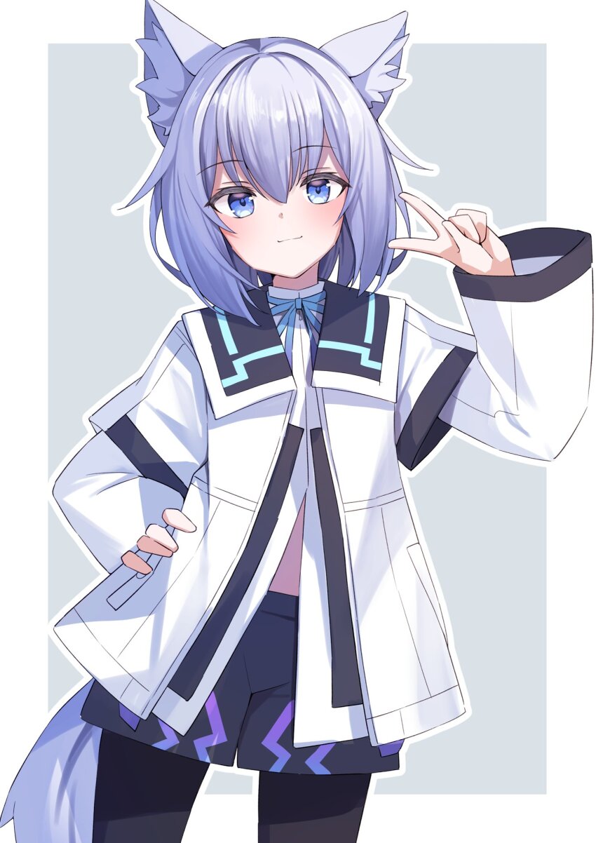 1boy :3 animal_ear_fluff animal_ears black_pantyhose black_shorts blue_bow blue_eyes blue_hair blue_ribbon blush border bow bowtie closed_mouth cowboy_shot fox_boy fox_ears fox_tail grey_background hair_between_eyes hand_on_own_hip hand_up highres jacket light_smile long_sleeves looking_at_viewer lunato_(vrchat) medium_hair midriff_peek navel neck_ribbon outline outside_border pantyhose pantyhose_under_shorts purple_hair ribbon shirt short_hair short_shorts shorts simple_background six_box smile solo standing tail two-tone_background v vrchat white_background white_border white_hair white_jacket white_outline white_shirt wide_sleeves wolf_ears wolf_tail