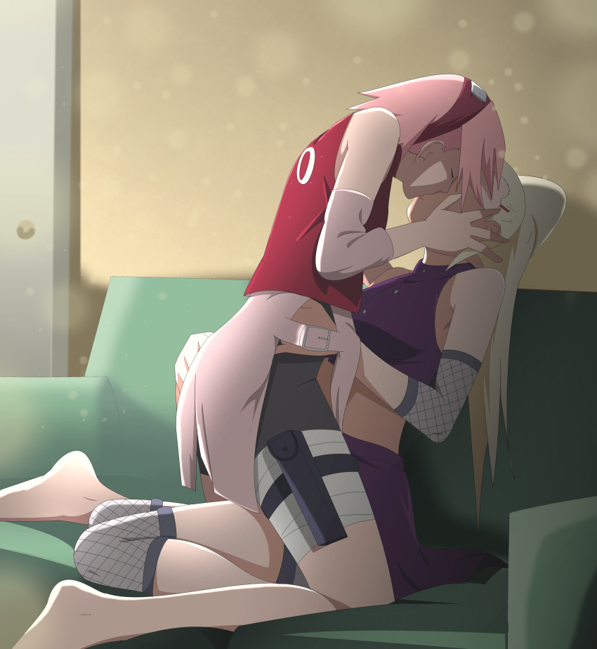 2girls haruno_sakura highres kiss long_hair multiple_girls naruto_(series) optimystic yamanaka_ino yuri