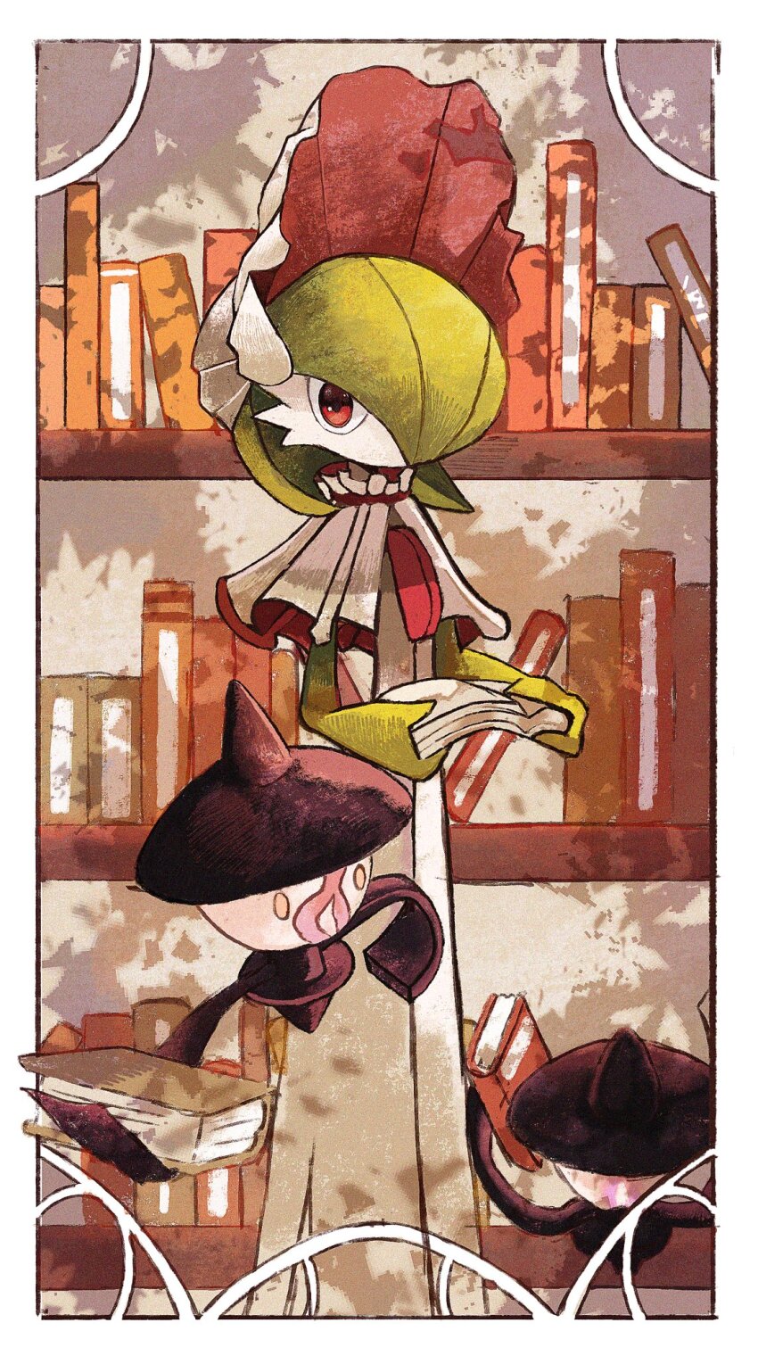 1other bonnet book border commentary creatures_(company) game_freak gardevoir gen_3_pokemon gen_5_pokemon green_hair highres holding holding_book lampent library nintendo open_book pokemon pokemon_(creature) red_bonnet red_eyes standing symbol-only_commentary ten_p two-sided_bonnet two-tone_bonnet white_bonnet white_border
