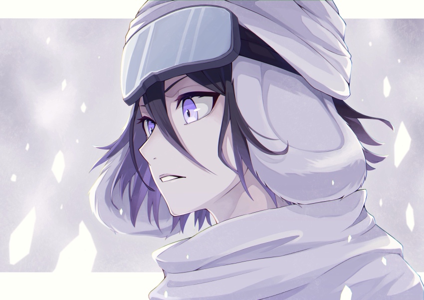 1girl absurdres black_hair bleach bleach:_sennen_kessen-hen capelet commentary_request double-parted_bangs goggles goggles_on_head hair_between_eyes happy_birthday hat highres kuchiki_rukia looking_ahead parted_lips portrait purple_eyes scarf shinigami short_hair ski_goggles snow solo sumire_1046 three_quarter_view ushanka white_capelet white_hat white_scarf winter_clothes
