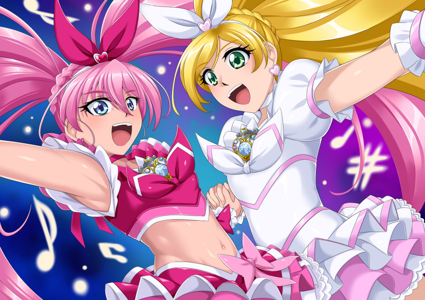 2girls :d arm_up armpits bare_shoulders blonde_hair blue_eyes bow braid breasts brooch choker commentary crop_top cure_melody cure_rhythm dress earrings flat_chest frilled_dress frills green_eyes hair_between_eyes hair_ribbon heart heart_brooch heart_earrings highres holding_hands houjou_hibiki jewelry long_hair looking_at_viewer magical_girl midriff minamino_kanade multiple_girls navel open_mouth pink_bow pink_choker pink_hair pink_ribbon pink_shirt pink_skirt ponytail precure puffy_short_sleeves puffy_sleeves ribbon shirt short_sleeves sidelocks skirt sleeveless sleeveless_shirt small_breasts smile standing suite_precure swept_bangs teeth twintails upper_teeth_only wavelevel5 white_choker white_dress white_ribbon wrist_cuffs