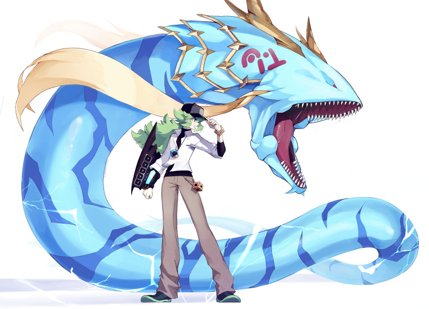 1boy behind_another black_hat black_shirt black_shoes bracelet clenched_hand crossover dress_shirt duel_disk duel_monster facing_to_the_side gold_bracelet gold_trim green_hair hand_on_headwear hat highres jewelry khaki_pants long_bangs looking_to_the_side male_focus n_(pokemon) necklace nintendo number_91_thunder_spark_dragon nuumigranate open_mouth partially_unbuttoned pokemon pokemon_bw pokemon_bw2 ponytail roaring rubik&#039;s_cube shark sharp_teeth shirt shirt_under_shirt shoes sleeves_rolled_up teeth turning_head unbuttoned unbuttoned_shirt untucked_shirt wallet_chain white_background white_shirt wind yu-gi-oh! yu-gi-oh!_zexal