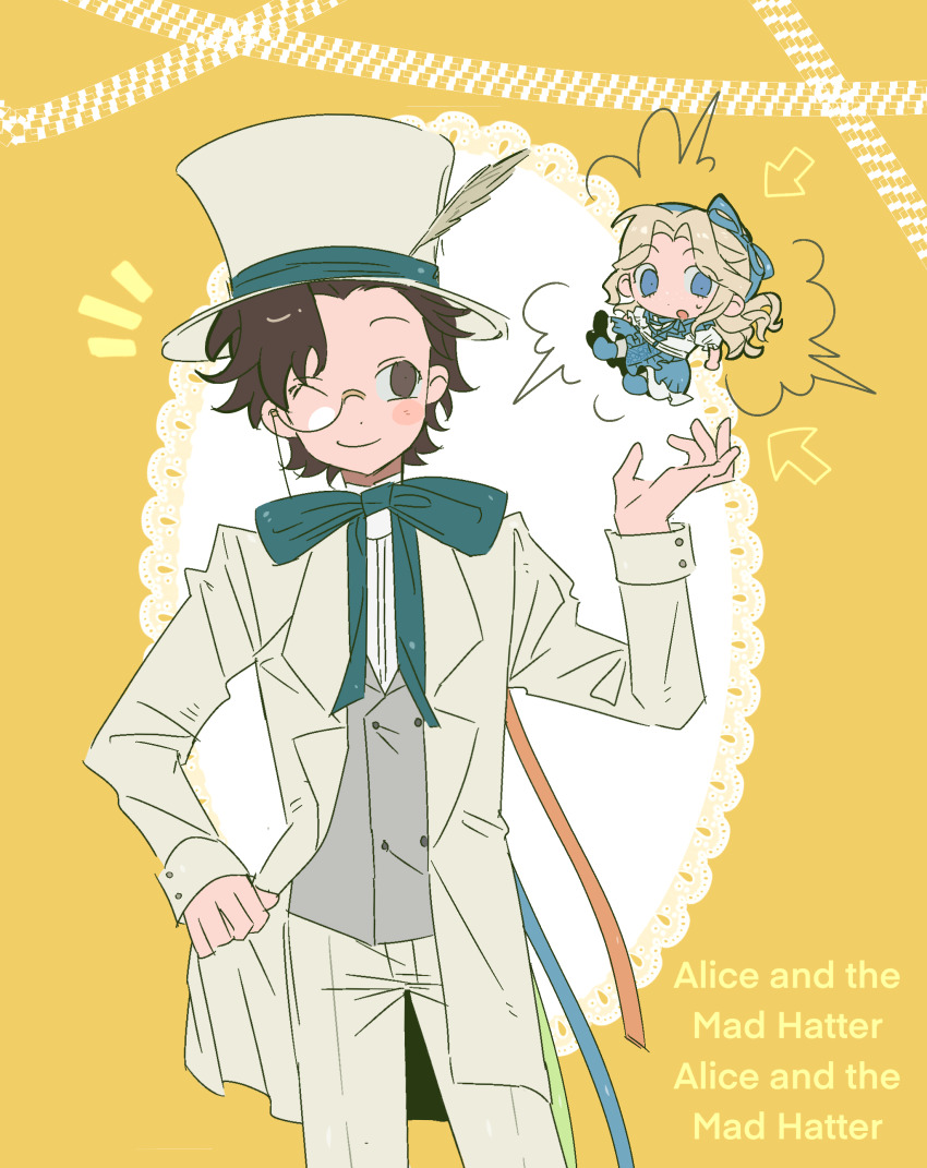 1boy 1girl ;) absurdres alice_deross aqua_bow aqua_bowtie arrow_(symbol) asymmetrical_bangs blonde_hair blue_ribbon blue_shirt blue_shoes blush_stickers bow bowtie brown_eyes brown_hair chinese_commentary closed_mouth coat commentary_request curtained_hair grey_vest hair_ribbon hand_up hat hat_feather highres identity_v long_hair mini_person minigirl notice_lines one_eye_closed open_clothes open_coat open_mouth orpheus_(identity_v) pants parted_bangs ribbon shirt shoes short_hair smile sweat tama_ni_wa_nakasete_yo vest white_coat white_hat white_pants white_shirt yellow_background