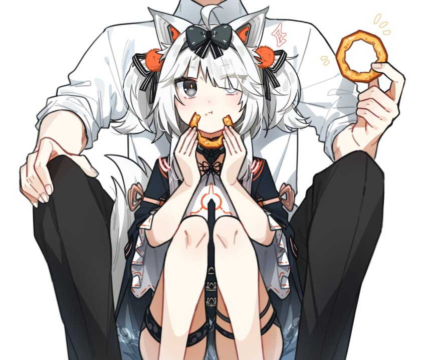 1boy 1girl ahoge animal_ears asymmetrical_bangs black_bow black_pants bow chinese_clothes collared_shirt commandant_(pgr) eating food food_on_face food_request grey_eyes grey_hair hair_ornament hair_over_one_eye highres holding holding_food jewelry mechanical_ears myam_(123ab456c) no._21:_feral_scent_(pgr) no._21_(pgr) official_alternate_costume official_alternate_hairstyle orange_pom_poms pants pom_pom_(clothes) pom_pom_hair_ornament punishing:_gray_raven shirt sidelocks thighlet twintails white_background white_shirt wide_sleeves wolf_ears