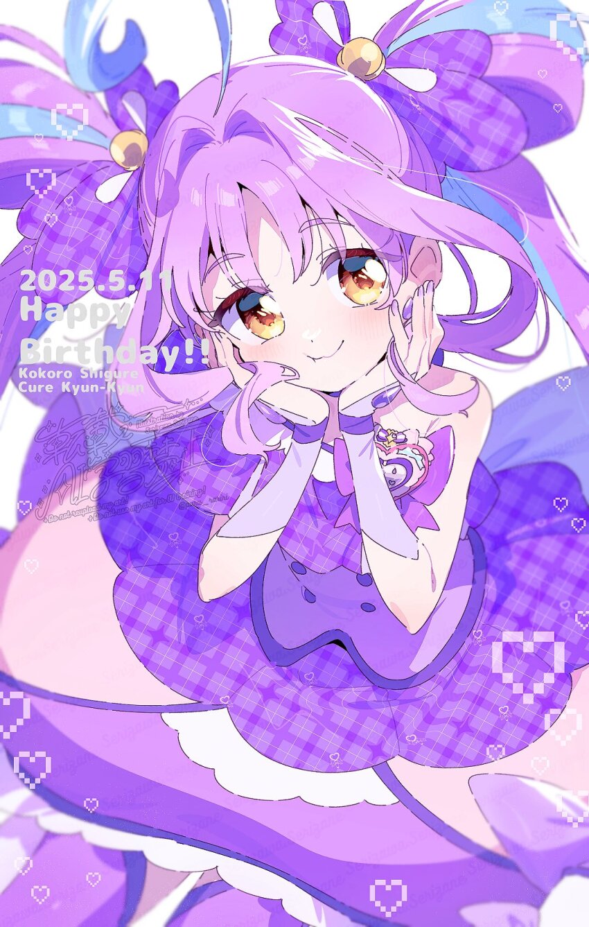1girl :t ahoge blue_hair bow bowtie bracelet bridal_gauntlets brooch buttons character_name closed_mouth commentary cowboy_shot cure_kyunkyun dated dot_nose double_bun dress english_text eyelashes eyes_visible_through_hair hair_bobbles hair_bow hair_bun hair_intakes hair_ornament hands_on_own_cheeks hands_on_own_face happy_birthday heart heart_brooch highres jewelry kimi_to_idol_precure light_blush long_dress long_hair magical_girl multicolored_hair nail_polish off-shoulder_dress off_shoulder parted_bangs plaid_bow plaid_clothes plaid_dress precure purple_bow purple_bowtie purple_bridal_gauntlets purple_dress purple_hair purple_nails serizawa_serizane shigure_kokoro short_hair sidelocks simple_background single_off_shoulder single_sleeve smile solo streaked_hair twintails twitter_username very_long_hair watermark wavy_hair white_background yellow_eyes