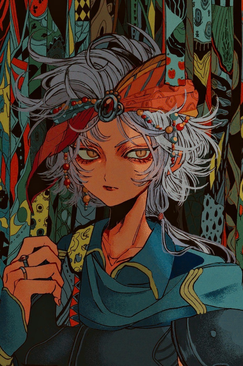 1boy abstract_background armor beads blue_cape blue_shirt blue_sleeves cape collared_shirt dissidia_final_fantasy earrings expressionless final_fantasy final_fantasy_ii firion gem grey_hair headscarf highres jewelry long_hair looking_at_viewer low_ponytail male_focus messy_hair nayo_(kr_000515) orange_eyes orange_headscarf ponytail portrait red_gemstone ring shirt slit_pupils solo
