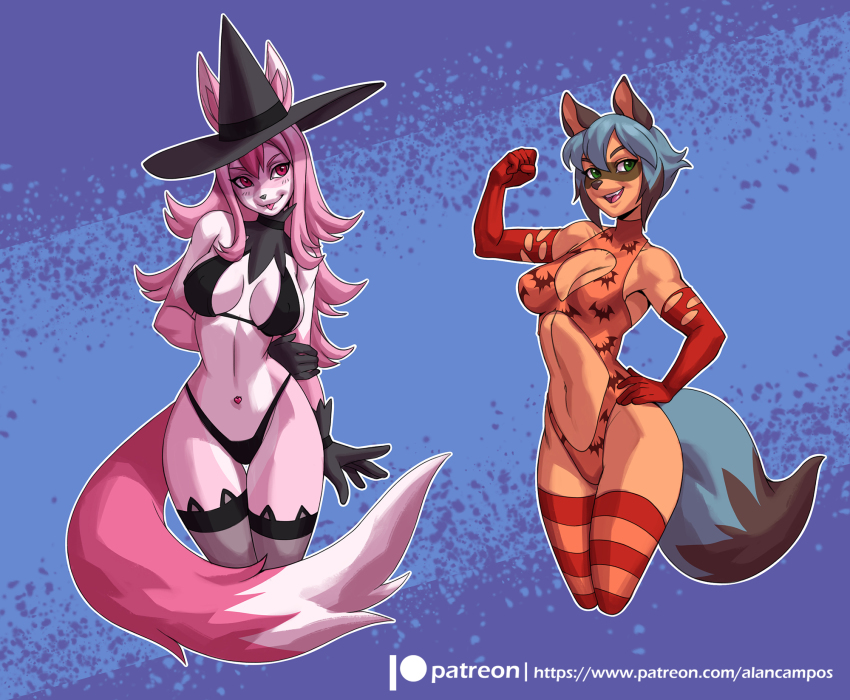 2girls alanscampos animal_ears bare_shoulders black_hair black_panties blue_hair bob_cut brand_new_animal breasts cleavage colored_skin dark-skinned_female dark_skin fox_ears fox_girl fox_tail furry furry_female halloween halloween_costume hat highres hiwatashi_nazuna kagemori_michiru long_hair multicolored_hair multiple_girls open_mouth panties pink_hair pink_skin raccoon_ears raccoon_girl raccoon_tail red_eyes short_hair shorts smile tail thighhighs trigger two-tone_hair underwear witch_hat