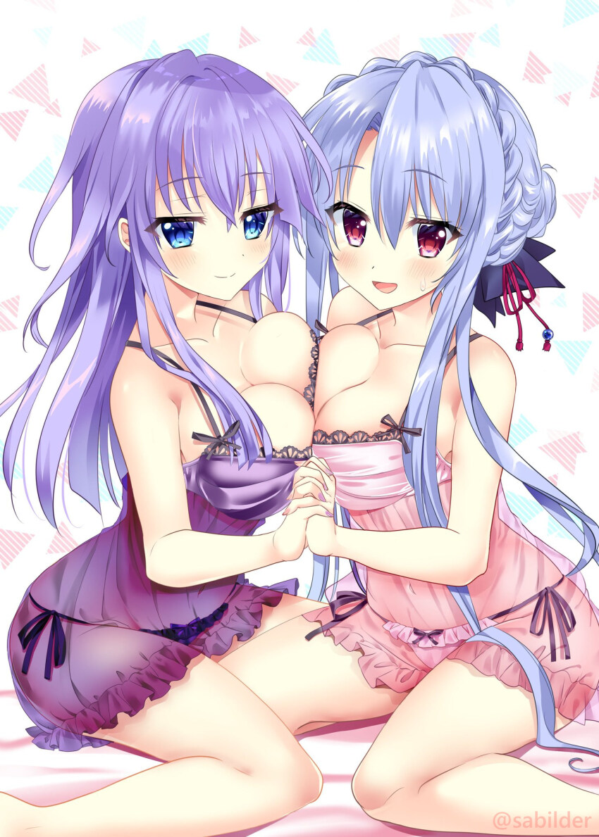 2024 2girls :d alternate_costume bare_arms black_bow blue_eyes blue_hair blunt_ends blush bow braid breast_press breasts cleavage closed_mouth collarbone commentary_request crown_braid dated_commentary eyes_visible_through_hair feet_out_of_frame frilled_panties frills hair_between_eyes hair_bobbles hair_bow hair_bun hair_ornament hair_ribbon hair_spread_out hand_up highres interlocked_fingers large_breasts long_hair looking_at_viewer multiple_girls nail_polish nightgown open_mouth panties pink_nails pink_nightgown pink_panties purple_hair purple_nails purple_nightgown purple_panties red_eyes red_ribbon ribbon sabi_(sabilder) seductive_smile shy siblings sidelocks single_hair_bun sisters sitting smile sorakado_ai sorakado_ao split_mouth summer_pockets sweatdrop symmetrical_docking twins underwear underwear_only very_long_hair wariza yuri
