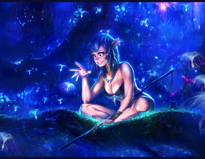 1girl agnidevi alternate_breast_size avatar_(2009_movie) blue_eyes blue_hair blue_theme blurry branch breasts cat cleavage depth_of_field feathers female_focus forest highres james_cameron&#039;s_avatar jewelry large_breasts letterboxed matching_hair/eyes nature necklace neytiri night pointy_ears polearm scenery science_fiction seed sitting smile solo spear tree weapon