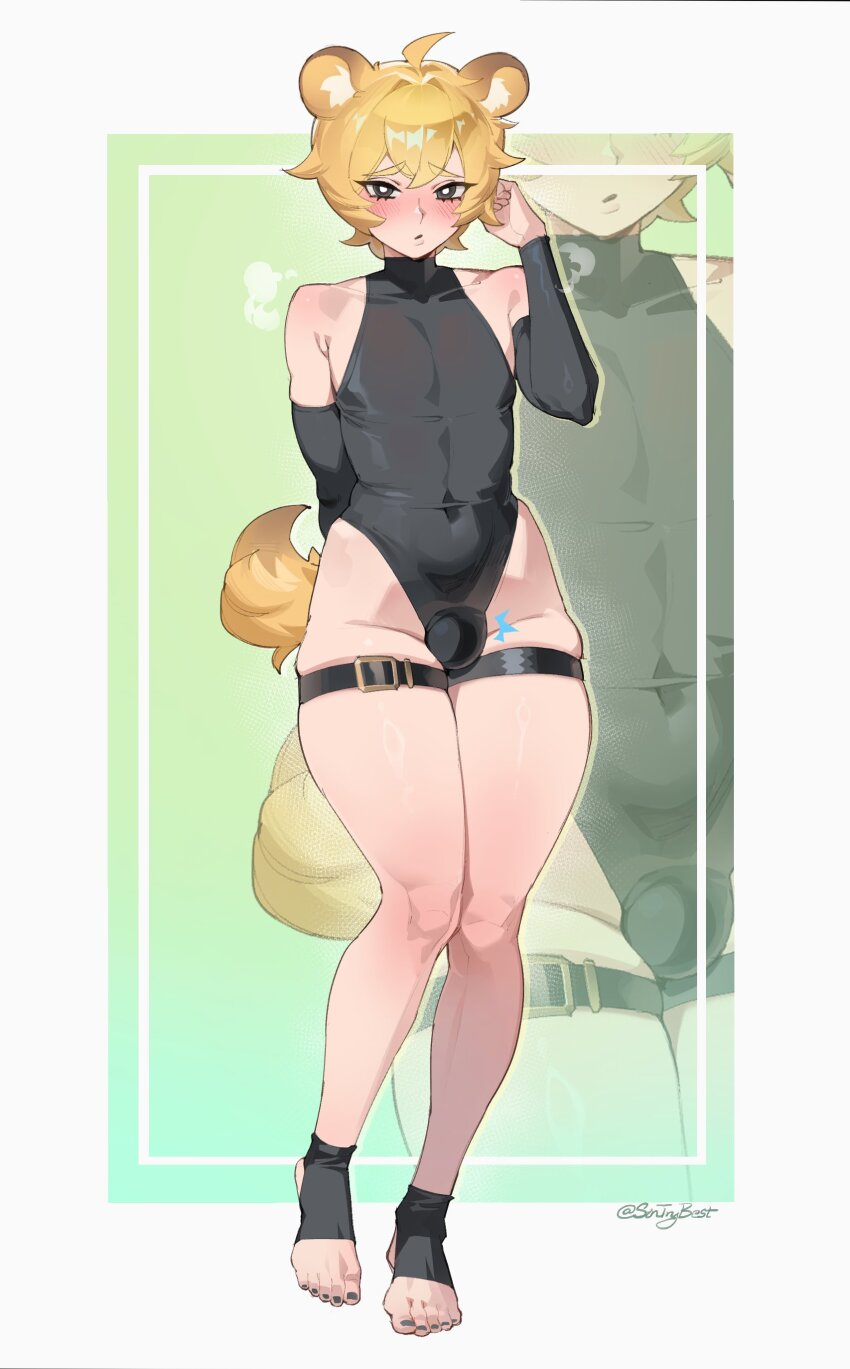 1boy absurdres ahoge animal_ears artist_name black_leotard black_sleeves black_socks blonde_hair blush border bright_pupils bulge commentary commission covered_navel crossed_bangs detached_sleeves english_commentary feet gradient_background green_background grey_border hand_up highres knees_together_feet_apart legs leotard looking_at_viewer male_focus no_shoes original short_hair sin_(sintrybest) skin_tight skindentation socks solo stirrup_legwear tail thick_thighs thigh_strap thighs toeless_legwear toes twitter_username white_pupils zoom_layer