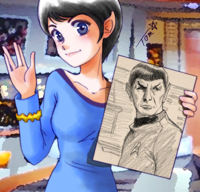 1girl blue_eyes leonard_nimoy photo_background pointy_ears salute smile spock star_trek star_trek:_the_original_series starfleet_uniform tagme vulcan_salute