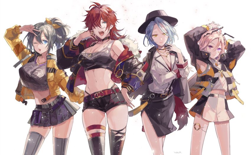 4girls amagi_rinne bare_shoulders blue_eyes blue_hair bob_cut breasts cleavage crazy_b_(ensemble_stars!) ensemble_stars! fur_trim genderswap genderswap_(mtf) grey_hair hair_over_one_eye highres himeru_(ensemble_stars!) hip_vent jacket large_breasts long_hair medium_hair midriff miniskirt multiple_girls navel off_shoulder one_eye_covered open_clothes open_jacket open_mouth oukawa_kohaku pink_hair ponytail purple_eyes red_hair shiina_niki skirt thighhighs waco_(misonobu) white_background yellow_eyes