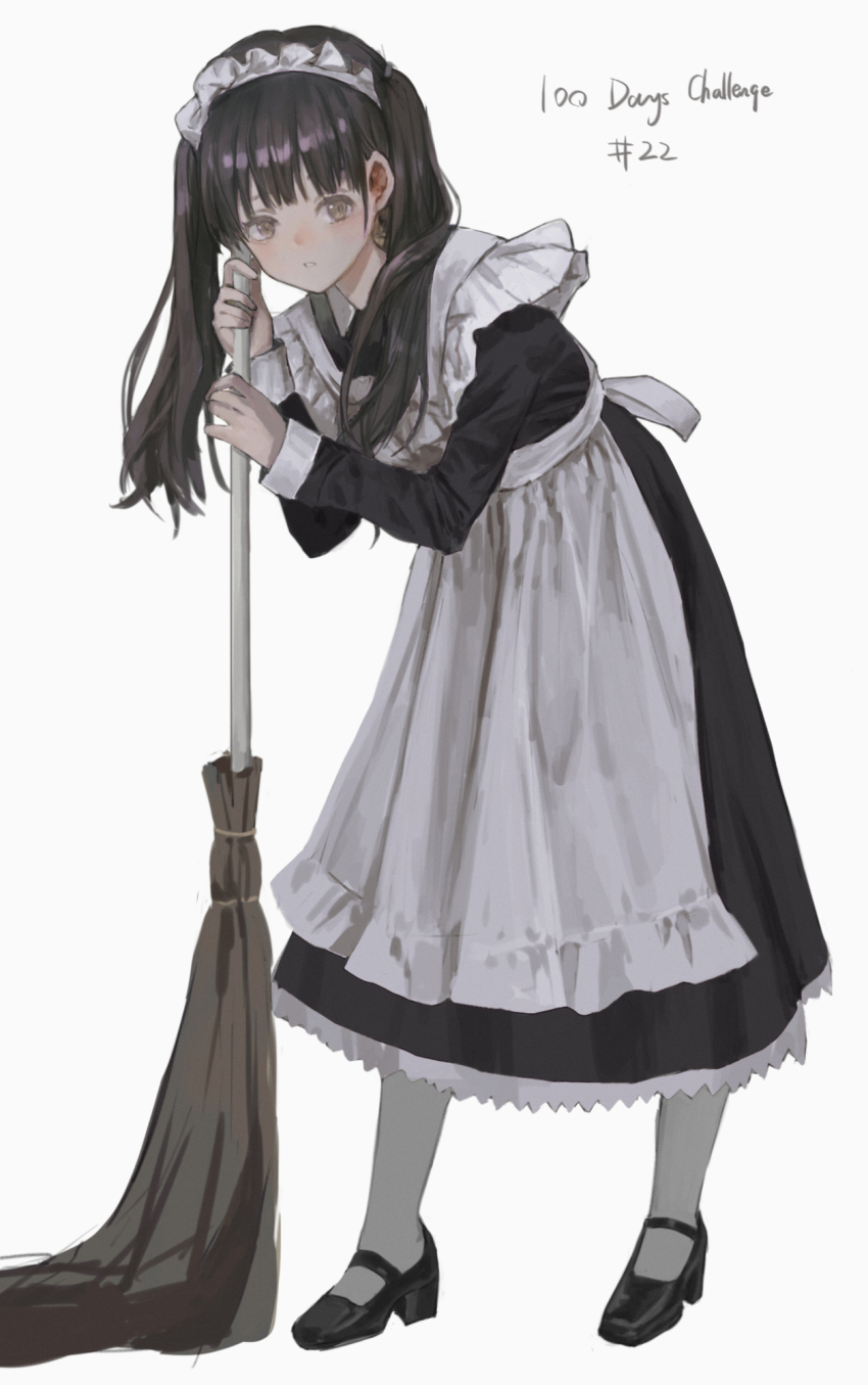 1girl apron blush broom catzz check_copyright commentary copyright_request dress eyelashes frilled_apron frills full_body grey_pantyhose highres holding holding_broom long_hair long_sleeves looking_at_viewer maid maid_apron maid_headdress muted_color pantyhose solo standing twintails white_apron white_background