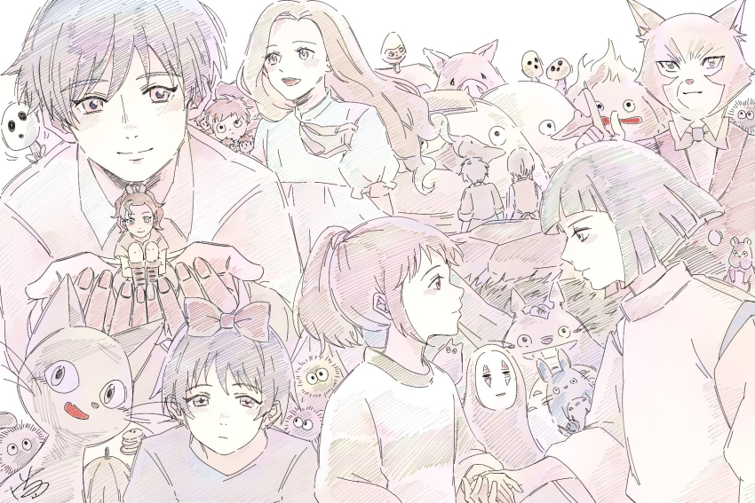 5boys 6+girls arrietty blunt_bangs bow calcifer dress eye_contact facing_away gake_no_ue_no_ponyo gedo_senki greyscale hair_bow haku_(sen_to_chihiro_no_kamikakushi) highres holding_hands howl_no_ugoku_shiro index_finger_raised jiji_(majo_no_takkyuubin) kaonashi karigurashi_no_arrietty kiki_(majo_no_takkyuubin) kodama looking_at_another majo_no_takkyuubin marnie_(omoide_no_marnie) monochrome multiple_boys multiple_girls ogino_chihiro omoide_no_marnie pazu ponyo ponytail sen_to_chihiro_no_kamikakushi sheeta short_hair sidelocks sitting studio_ghibli susuwatari tenkuu_no_shiro_laputa the_baron_(mimi_wo_sumaseba) tonari_no_totoro totoro