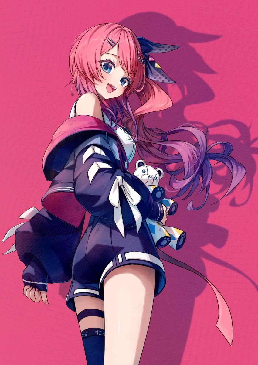 1girl absurdres armillarphere_v asymmetrical_legwear belt blue_eyes bow bowtie breasts chest_harness collared_shirt cowboy_shot curly_hair drawstring drop_shadow from_behind hair_bow harness high-waist_shorts high_side_ponytail highres holding holding_stuffed_toy jacket jacket_partially_removed kuramochi_meruto kuramochi_meruto_(1st_costume) long_sleeves looking_at_viewer looking_back medium_breasts nijisanji open_clothes open_jacket pink_background pink_hair rene_(kuramochi_meruto) shirt shorts simple_background sleeve_bow sleeveless sleeveless_shirt smile solo stuffed_animal stuffed_toy swept_bangs teddy_bear thigh_strap thighhighs uneven_legwear virtual_youtuber white_shirt wing_collar