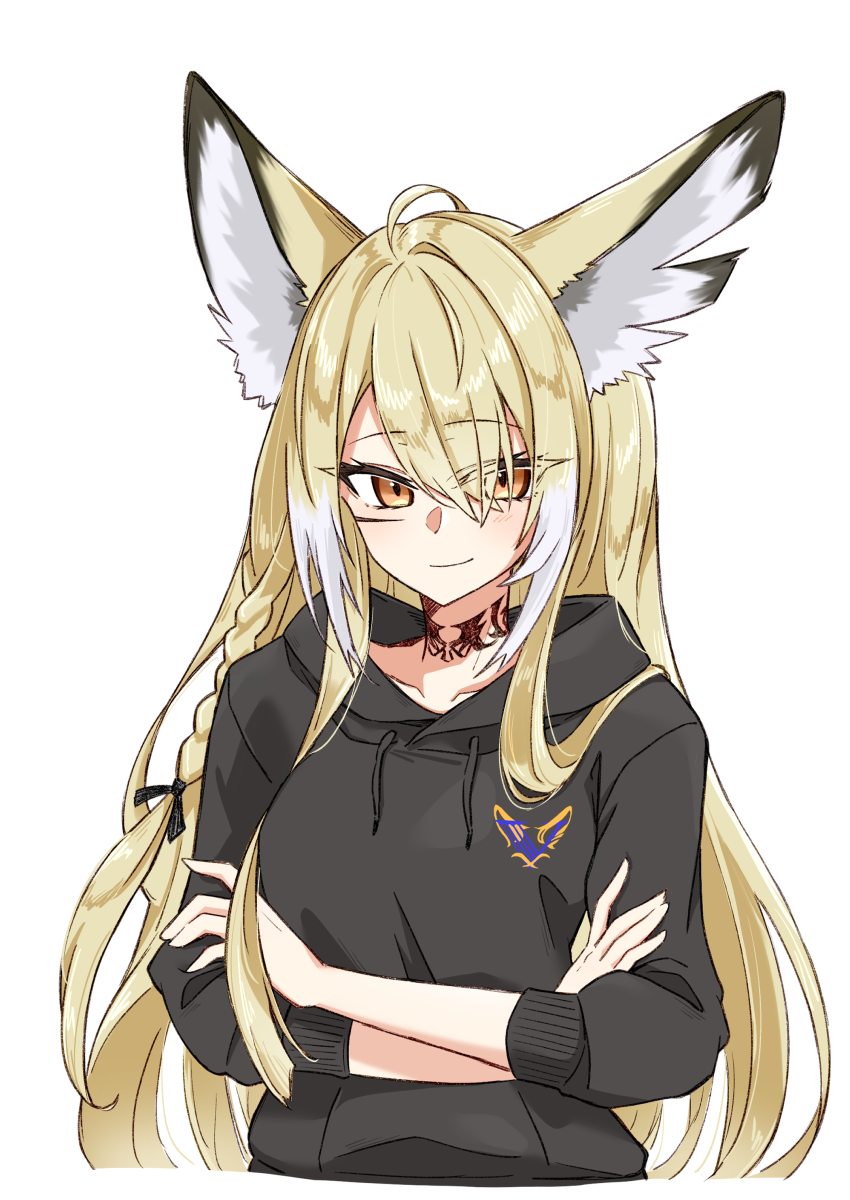 1girl absurdres ahoge animal_ears arknights black_hoodie blonde_hair braid closed_mouth collarbone commentary cropped_torso crossed_arms drawstring facial_scar hair_over_one_eye highres hood hoodie long_hair looking_at_viewer maiq06 multicolored_hair scar scar_on_cheek scar_on_face simple_background smile solo streaked_hair three-quarter_sleeves vulpisfoglia_(arknights) white_background white_hair yellow_eyes
