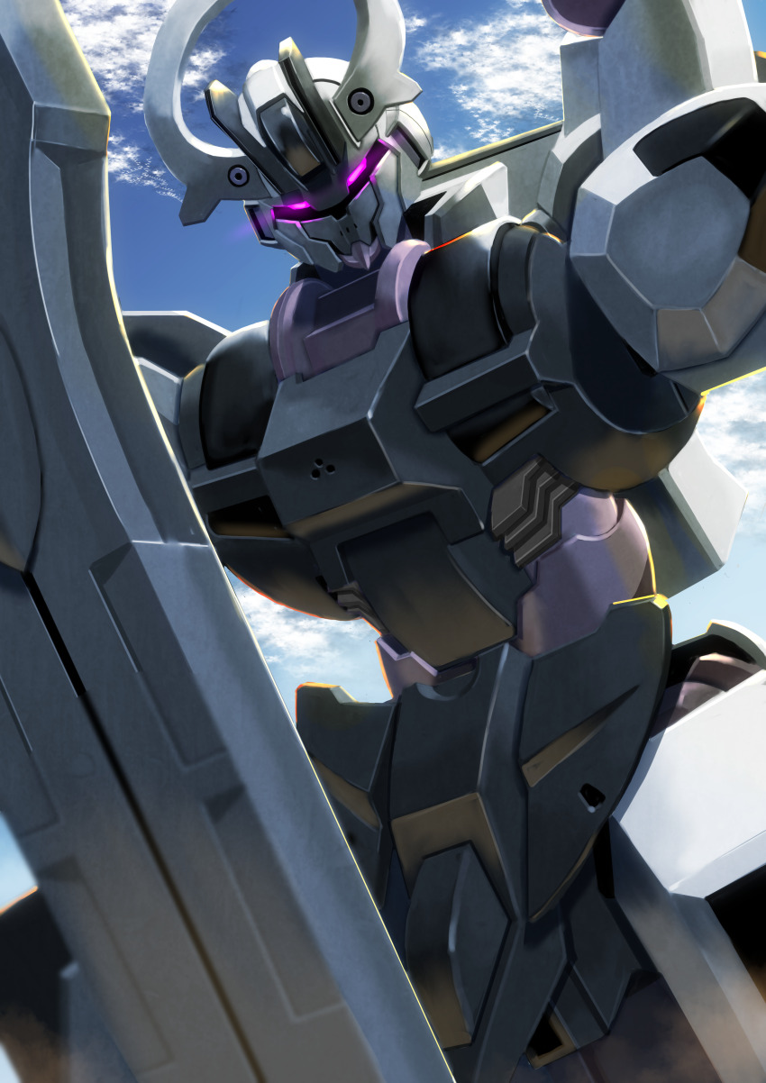 absurdres cloud glowing glowing_eyes gundam gundam_schwarzette gundam_suisei_no_majo head_tilt highres looking_at_viewer mecha moyashi_(karamisouma) purple_eyes robot sky solo sword weapon