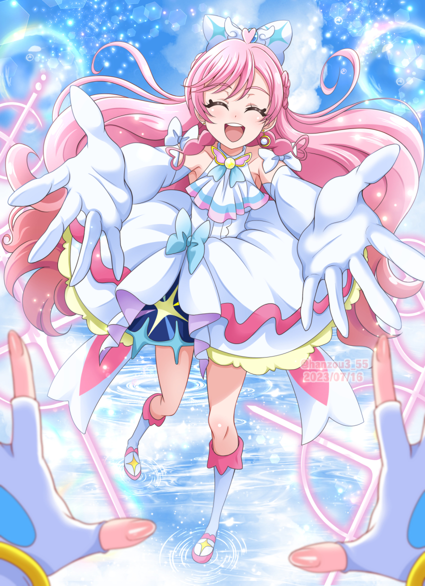 1girl ahoge ascot birthday bow braided_sidelock brooch closed_eyes cure_prism cure_sky cut_bangs dress earrings elbow_gloves fingerless_gloves glove_bow gloves hair_bow hair_ornament hanzou happy_birthday heart heart_ahoge highres hirogaru_sky!_precure imminent_hug jewelry kakuma_ai long_hair magical_girl open_mouth out_of_frame pink_hair precure ripples smile solo very_long_hair water white_ascot white_bow white_dress white_gloves wing_brooch wing_hair_ornament