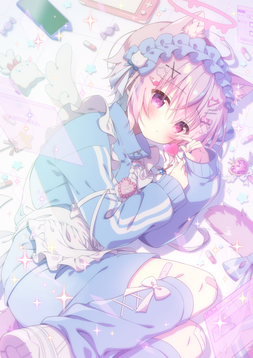 1boy animal_ear_fluff animal_ears apron bandaid bandaid_on_knee bandaid_on_leg blue_cardigan blue_hairband blue_leg_warmers blush bow candy cardigan cat_boy cat_ears cat_hair_ornament cat_tail character_name cloud_hair_ornament comiket_102 commentary_request food frilled_apron frilled_hairband frills hair_between_eyes hair_bow hair_ornament hairband hairclip halo handheld_game_console heart heart-shaped_food heart-shaped_lollipop heart-shaped_pupils heart_hair_ornament highres holding holding_candy holding_food holding_lollipop jewelry kamishiro_piyo key key_necklace leg_warmers lollipop looking_at_viewer lying male_focus name_tag necklace nintendo_switch on_side original pill pink_bow pink_hair pink_halo purple_eyes shaped_lollipop solo sparkle star_(symbol) stuffed_animal stuffed_cat stuffed_toy symbol-shaped_pupils tail tenshi_kaiwai trap triangle_hair_ornament wand white_apron white_footwear white_wings wings x_hair_ornament