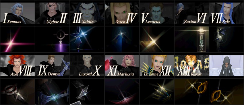 3d 6+boys axel beard black_hair blonde_hair blue_hair card cloak closed_eyes demyx facial_hair facial_mark gloves highres keyblade kingdom_hearts kingdom_hearts_358/2_days larxene lexaeus luxord marluxia multiple_boys multiple_girls red_hair roxas saix short_hair vexen xaldin xemnas xion_(kingdom_hearts) zexion