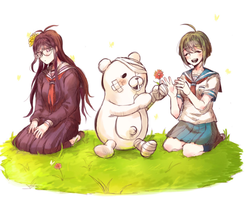 2girls :d ahoge antenna_hair bandaged_arm bandaged_head bandaged_leg bandages bandaid bandaid_on_cheek bandaid_on_face blue_sailor_collar blush breast_pocket breasts brown_hair danganronpa_(series) danganronpa_another_episode:_ultra_despair_girls flower fukawa_toko grass happy highres holding holding_flower kneehighs large_breasts long_hair miniskirt multiple_girls naegi_komaru neckerchief necktie open_mouth pleated_skirt pocket purple_shirt purple_skirt red_flower red_neckerchief red_necktie sailor_collar school_uniform seiza shiba_(picopicosa) shirokuma_(danganronpa) shirt short_hair sitting skirt smile socks teeth upper_teeth_only white_sailor_collar