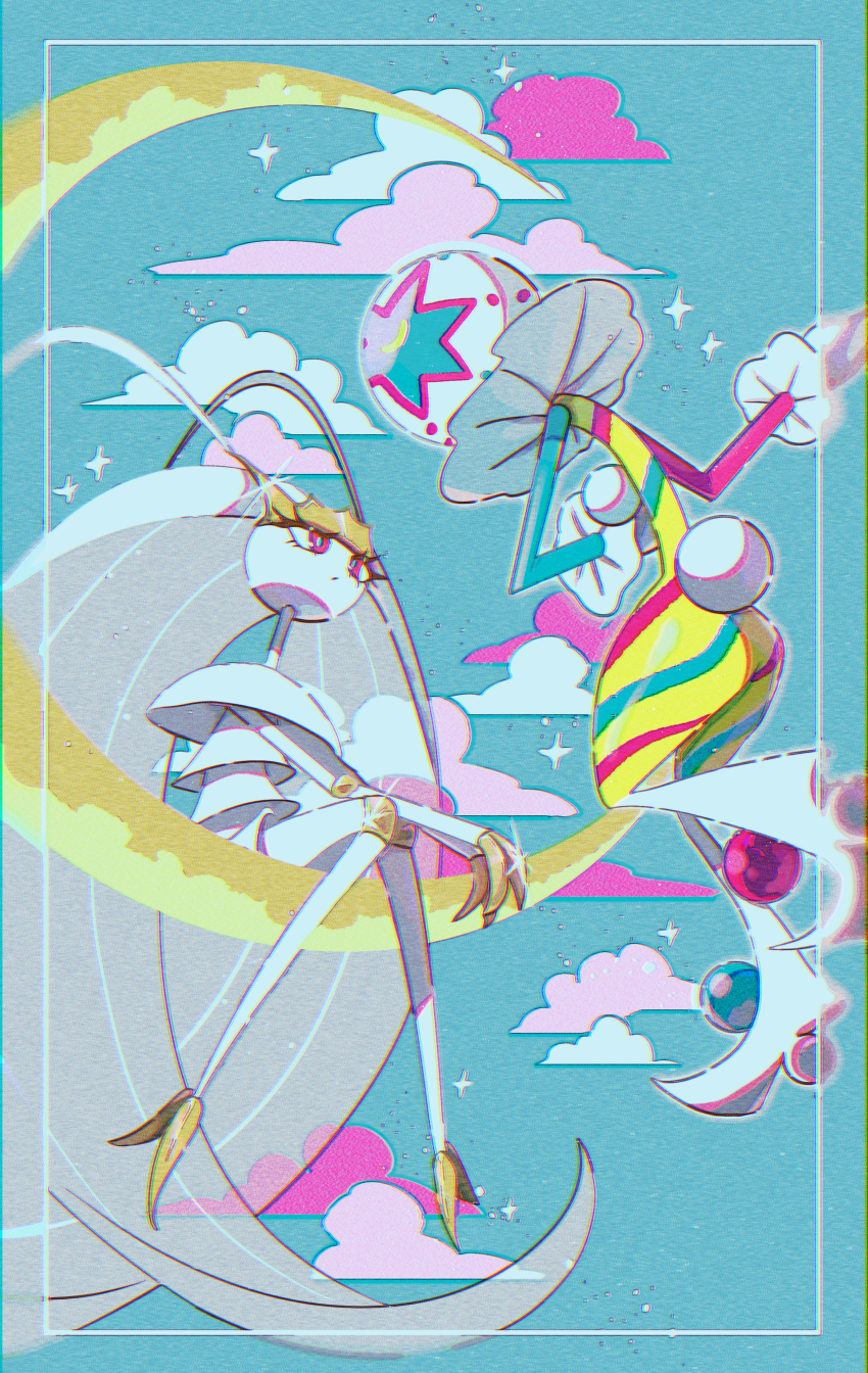 absurdres antennae blacephalon border chromatic_aberration cloud commentary english_commentary fukkatsu_no_maya full_body gen_7_pokemon gloves green_background highres long_hair midair neck_ruff nintendo no_humans on_crescent pheromosa pokemon pokemon_(creature) pom_pom_(clothes) sitting sparkle ultra_beast white_border white_gloves
