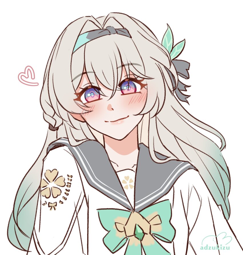 adzukizu blush bow bowtie closed_mouth collared_shirt firefly_(honkai:_star_rail) firefly_(spring_missive)_(honkai:_star_rail) gradient_eyes gradient_hair green_bow green_bowtie green_pupils grey_hair grey_hairband grey_ribbon grey_sailor_collar hair_between_eyes hair_intakes hair_ornament hair_ribbon hairband heart highres honkai:_star_rail honkai_(series) multicolored_eyes multicolored_hair ribbon sailor_collar shirt simple_background smile twitter_username two-tone_eyes white_background white_shirt white_sleeves