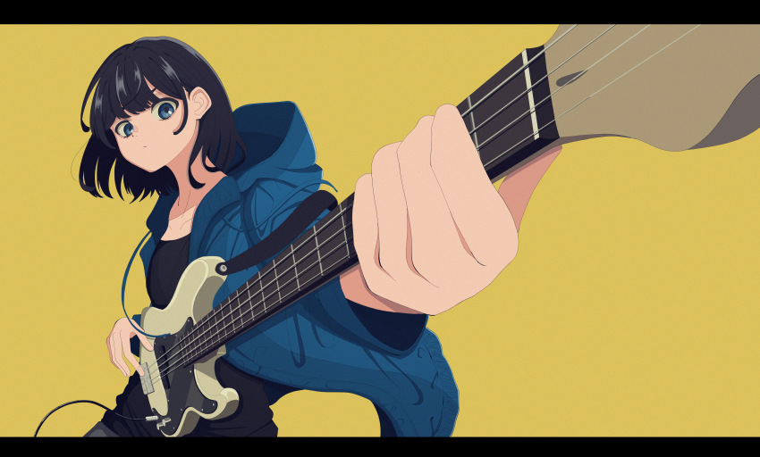 1girl absurdres bad_id bad_pixiv_id bass_guitar black_hair black_shirt blue_eyes blue_jacket drawstring foreshortening highres holding holding_instrument hood hood_down instrument jacket looking_at_viewer original shirt short_hair simple_background solo upper_body yasou0049 yellow_background