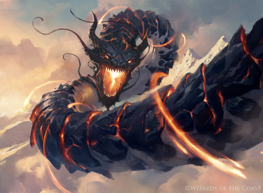 animal_focus black_horns blue_sky cloud colossus commentary company_name dragon english_commentary facing_viewer glowing glowing_eyes glowing_mouth greg_rutkowski horns lava magic:_the_gathering monster mountain no_humans official_art open_mouth orange_eyes orange_sky outdoors painterly ryusei_(magic:_the_gathering) sharp_teeth sky solo teeth wyrm