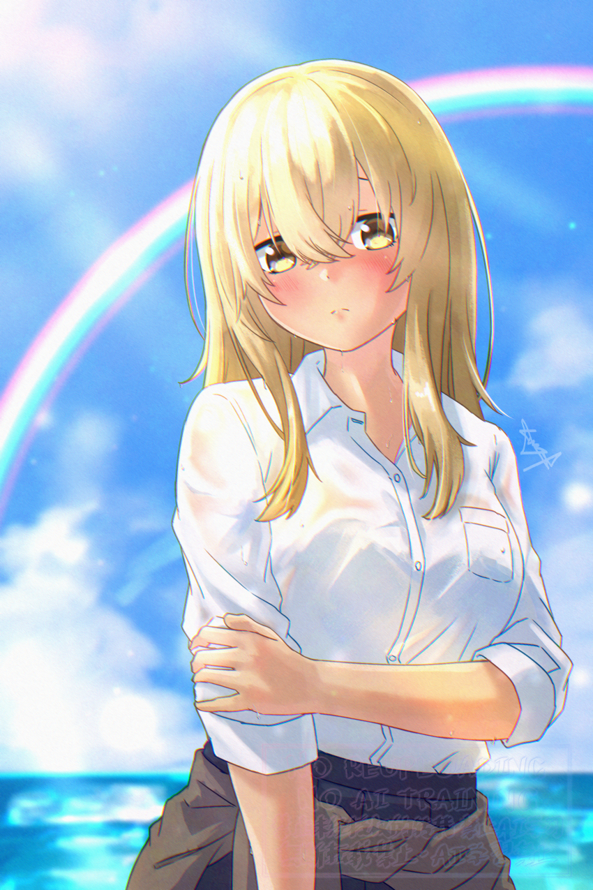 1girl absurdres blonde_hair blue_skirt blurry breast_pocket brown_jacket clothes_around_waist commentary depth_of_field dress_shirt hair_between_eyes higa_kana highres jacket jacket_around_waist long_hair looking_at_viewer mutsuki_(mutsuki0110) ocean okinawa_de_suki_ni_natta_ko_ga_hougen_sugite_tsurasugiru pleated_skirt pocket rainbow see-through_clothes see-through_shirt shirt skirt solo wet white_shirt yellow_eyes