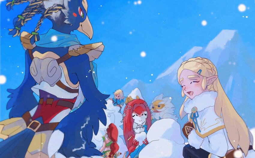 3boys 3girls bird_boy blonde_hair blue_feathers blue_ribbon blue_scarf blue_sky brown_gloves closed_eyes coat commentary_request daruk dreadlocks feathers fish_girl from_behind fur-trimmed_coat fur_trim gerudo gloves goron hair_ornament hairclip highres link long_hair looking_at_another mipha mountain multiple_boys multiple_girls nintendo open_mouth pointy_ears princess_zelda red_hair revali ribbon rito scarf short_hair sky smile snowing snowman the_legend_of_zelda the_legend_of_zelda:_breath_of_the_wild upper_body urbosa white_coat yamori_(yamoooon21) zora