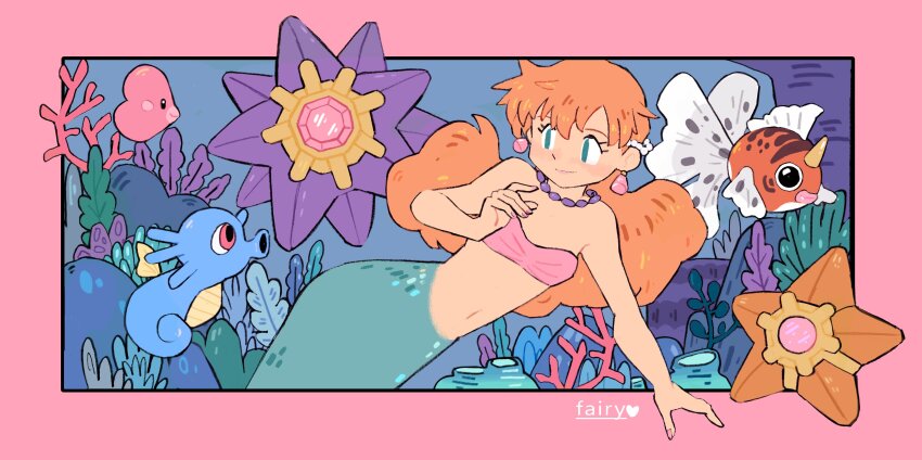 1girl absurdres air_bubble artist_name bare_arms bikini blue_eyes blush border breasts bubble closed_mouth coral earrings eyelashes fairybees fish gen_1_pokemon gen_3_pokemon green_eyes hand_up highres horsea jewelry long_hair luvdisc mermaid mermaid_misty_(pokemon) misty_(pokemon) monster_girl navel necklace nintendo orange_hair pokemon pokemon_(anime) pokemon_(classic_anime) ponytail seaking seaweed shell shell_bikini short_hair signature smile starmie staryu swimsuit underwater white_border