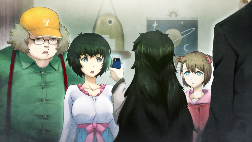2boys 3girls :o aqua_eyes bag baseball_cap beret black_hair black_jacket blue_eyes blue_skirt bow breasts brown_hair buttons cellphone child coat collarbone curtains double-breasted dress fat fat_man formal_clothes from_behind future_gadget_lab game_cg glasses green_eyes green_hair green_shirt hair_between_eyes hair_tie hashida_itaru hat high-waist_skirt highres hiyajou_maho holding holding_phone huke indoors jacket large_breasts leather_bag long_hair long_sleeves looking_at_another looking_at_object medium_hair messy_hair multiple_boys multiple_girls non-web_source official_art okabe_rintarou okabe_rintarou_(beta) open_collar open_mouth overalls peaked_cap phone pink_bow pink_hood red_coat red_overalls ribbon ringed_eyes sash saturn_(planet) shiina_mayuri shirt short_hair short_sleeves short_twintails shoulder_bag skirt square_pupils standing steins;gate steins;gate_0 suit tareme tennouji_nae twintails very_long_hair waist_bow waist_sash white_shirt yellow_hat