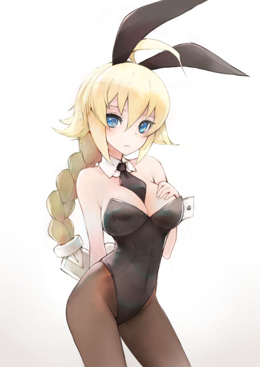 1girl ahoge animal_ears bana_(stand_flower) bare_legs black_leotard black_necktie blazblue blonde_hair blue_eyes blush braid braided_ponytail breasts es_(xblaze) fake_animal_ears frills hair_between_eyes hair_weapon hand_on_own_chest highres huge_ahoge large_breasts leotard long_hair looking_at_viewer necktie playboy_bunny rabbit_ears rabbit_tail simple_background single_braid solo spoon tail underbust white_background wrist_cuffs