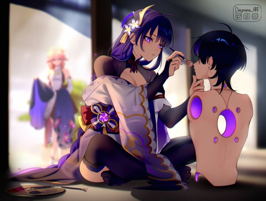 1boy 2girls ahoge applying_another&#039;s_makeup black_hair black_shrug black_thighhighs blunt_ends blurry blurry_background bow breasts bridal_gauntlets bright_pupils center_opening chinese_knot cleavage closed_mouth deymara disembodied_torso electro_symbol_(genshin_impact) eyelashes fan_hair_ornament fingernails floral_print floral_print_kimono flower gem genshin_impact gold_ring gold_trim hair_flower hair_ornament holding holding_brush holding_makeup_brush hole_in_chest hole_on_body indian_style indoors japanese_clothes kimono long_hair looking_at_another low-braided_long_hair low-tied_long_hair makeup_brush mandarin_collar middle_ring mitsudomoe_(shape) mole mole_under_eye mother_and_son multiple_girls obi obiage off_shoulder open_mouth paint_palette print_kimono puppet purple_bow purple_eyes purple_flower purple_gemstone purple_hair purple_kimono raiden_shogun sash scaramouche_(genshin_impact) shrug_(clothing) sitting swept_bangs tassel tassel_hair_ornament thighhighs tomoe_(symbol) veranda white_mouth white_pupils wide_sleeves yae_miko