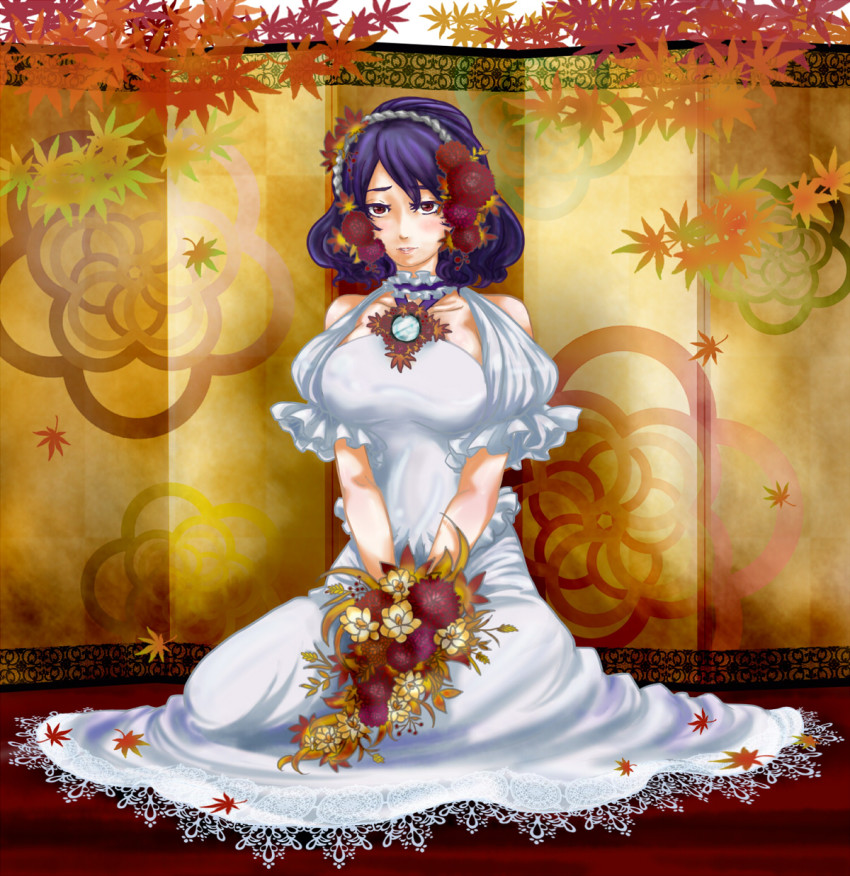 1girl bare_shoulders bouquet choker dress female_focus flower hair_flower hair_ornament highres kneeling leaf mabui purple_hair red_eyes short_hair solo touhou wedding_dress yasaka_kanako