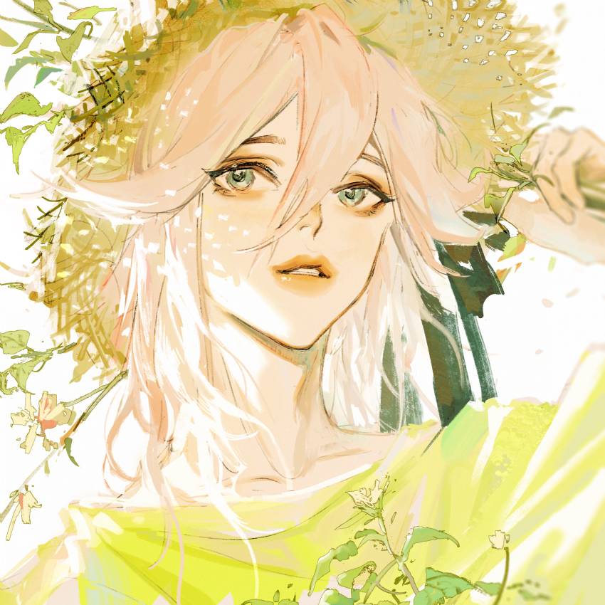 argentum_1121 black_ribbon blonde_hair eyeshadow green_eyes hair_between_eyes hair_ribbon hand_up hat highres lipstick long_bangs makeup original parted_lips plant ribbon shirt sketch straw_hat teeth white_background yellow_shirt