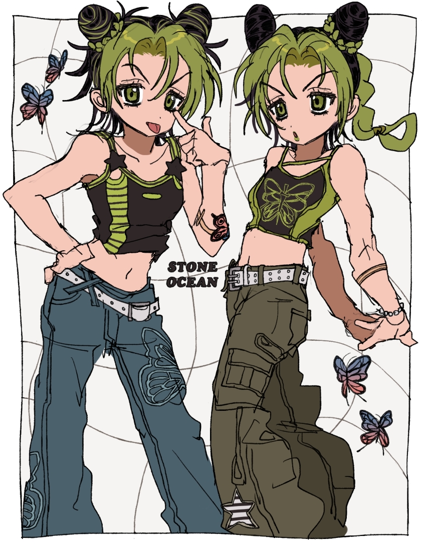 1girl :o :p arms_behind_back bare_shoulders belt black_border black_hair black_tank_top blue_pants border bracelet braid braided_ponytail breasts bug bun_with_braided_base butterfly butterfly_tattoo cargo_pants cone_hair_bun copyright_name curtained_hair denim dot_nose double_bun english_text finger_to_own_nose fu_r_y green_hair green_lips green_pants green_tank_top grid_background hair_between_eyes hair_bun hand_on_own_hip highres insect jeans jewelry jojo_no_kimyou_na_bouken kuujou_jolyne medium_hair messy_hair midriff multicolored_hair multiple_views navel outside_border pants parted_bangs pearl_bracelet print_tank_top shirt short_hair sketch small_breasts star_(symbol) star_ornament stone_ocean stretching tank_top tattoo tongue tongue_out two-tone_hair white_belt white_border