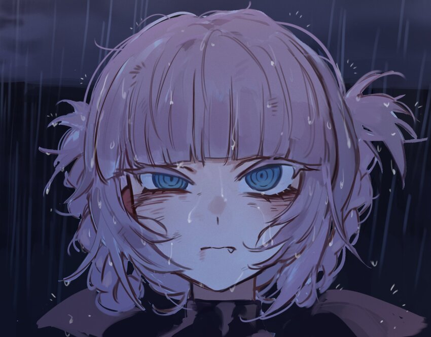 1girl blue_eyes braid braided_hair_rings chainsaw_man close-up dirty dirty_face eye_twitch fang foolish_potato hair_rings highres looking_at_viewer nanakusa_nazuna_(yofukashi_no_uta) pink_hair portrait rain reze&#039;s_eye_twitch_(chainsaw_man) ringed_eyes scene_reference solo straight-on thick_eyelashes wet wet_hair yofukashi_no_uta