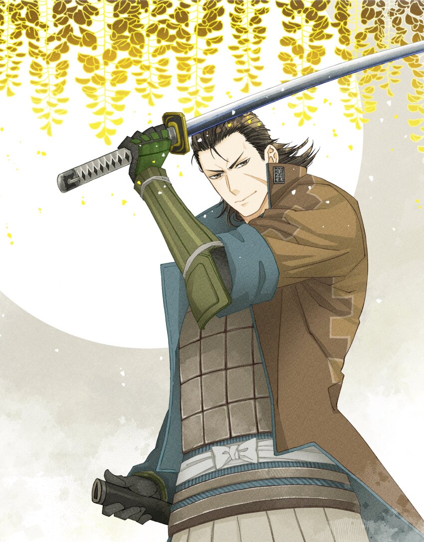 1boy arm_up black_gloves brown_coat brown_eyes brown_hair coat facial_scar gloves hair_slicked_back highres holding holding_sword holding_weapon katakura_kojuurou_(sengoku_basara) katana looking_at_viewer male_focus sawa12sss scar scar_on_cheek scar_on_face sengoku_basara short_hair solo sword upper_body weapon