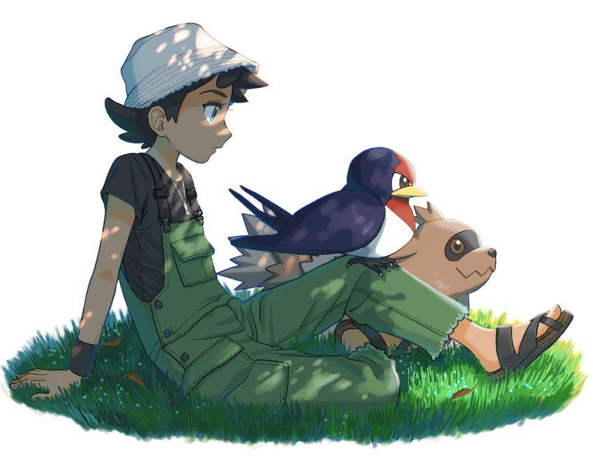 1boy arm_support bird black_hair black_sandals black_shirt blue_eyes child closed_mouth eyelashes from_side gen_3_pokemon goh_(pokemon) grass green_overalls hat highres male_focus minato_(mntnm) nintendo overalls pokemon pokemon_(anime) pokemon_journeys pokemon_on_leg sandals shirt short_hair short_sleeves sitting solo solo_focus t-shirt taillow white_background white_hat wristband zigzagoon
