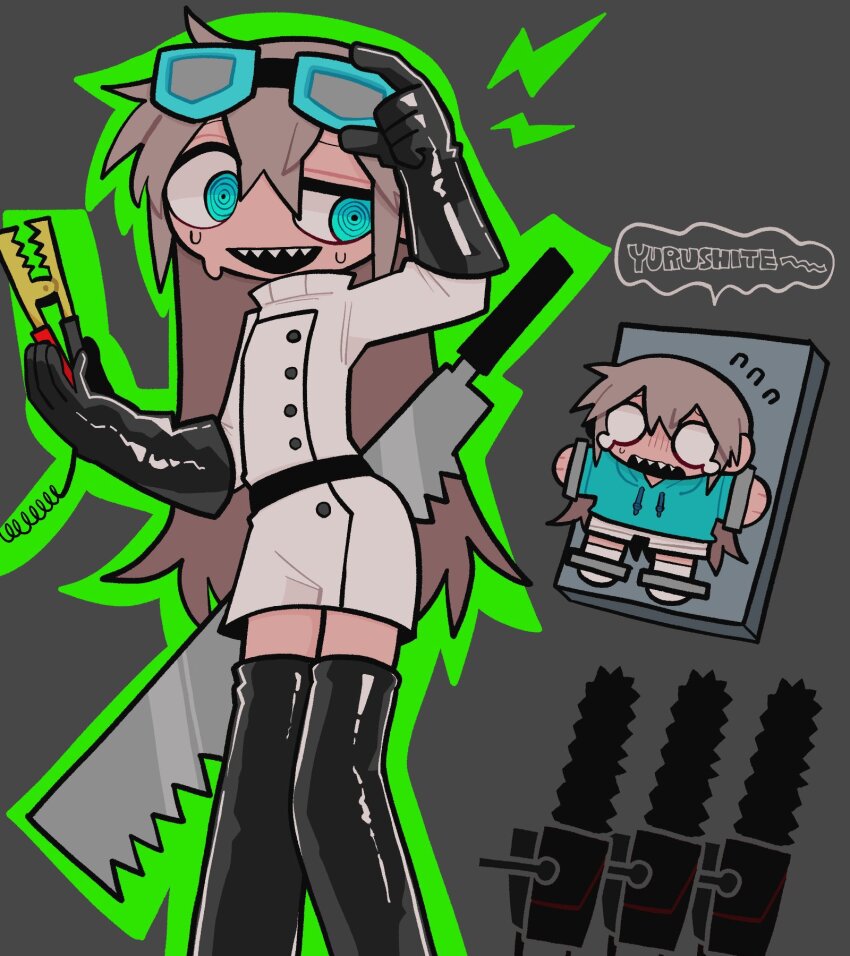 2girls adjusting_eyewear aqua_eyes aqua_hoodie belt black_belt black_gloves black_thighhighs blonde_hair blue-framed_eyewear buttons chainsaw cleaver clone coat evil_smile flying_sweatdrops gloves goggles goggles_on_head green_outline grey_background highres holding hood hoodie ichika-chan_(iiiichimaru_03) iiiichimaru_03 latex latex_gloves latex_thighhighs long_hair multiple_girls o_o open_mouth original outline restrained sharp_teeth shorts sidelocks simple_background smile sweat tears teeth thighhighs weapon_request white_coat white_shorts