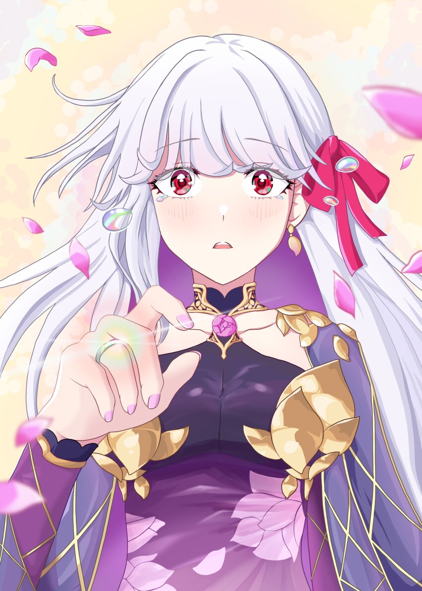 1girl absurdres armlet armor bare_shoulders bikini_armor blush breasts collar collarbone detached_sleeves dress earrings fate/grand_order fate_(series) flower hair_ribbon highres jewelry kama_(fate) kama_(second_ascension)_(fate) large_breasts long_hair looking_at_viewer lotus lotus_print metal_collar open_mouth purple_dress purple_sleeves red_eyes ribbon ring solo tetranort white_hair